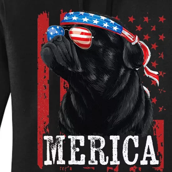 Funny Black Pug 4th of July Dog Mom Dog Dad Merica USA Flag Women's Pullover Hoodie