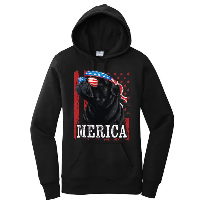 Funny Black Pug 4th of July Dog Mom Dog Dad Merica USA Flag Women's Pullover Hoodie