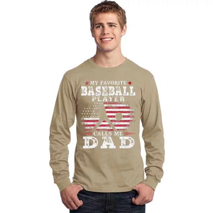 Favorite Baseball Player Calls Me Dad USA Flag Fathers Day Tall Long Sleeve T-Shirt