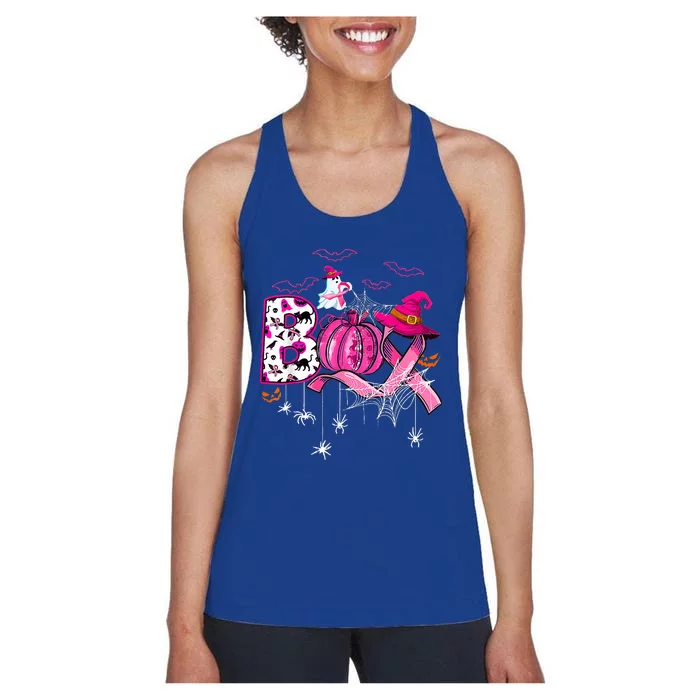 Funny Boo Pumpkin Witch Pink Ribbon Breast Cancer Halloween Women's Racerback Tank