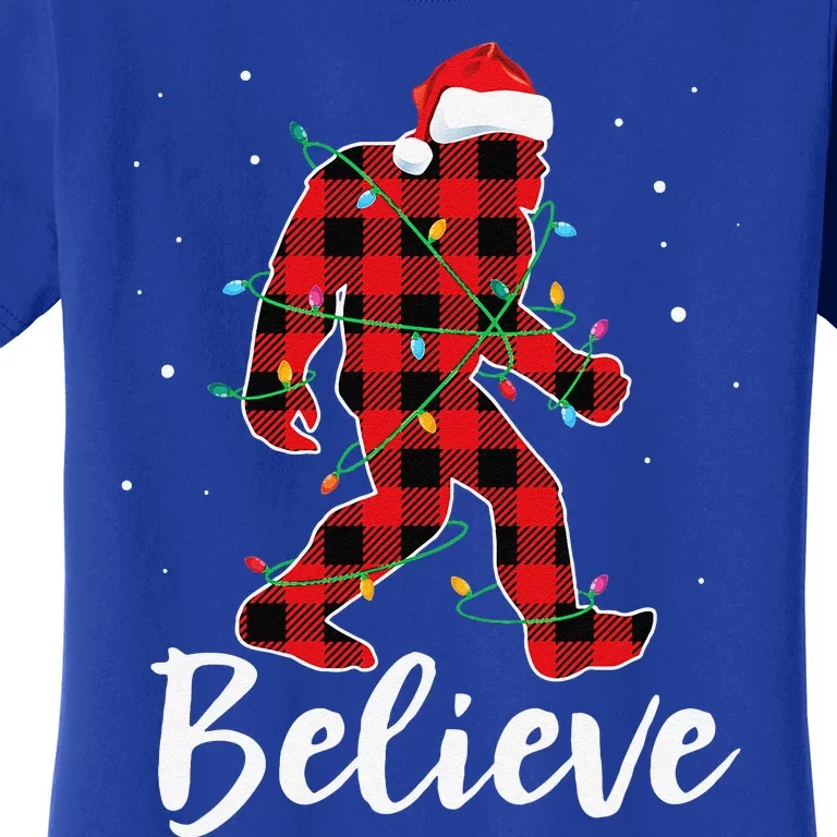 Funny Believe Plaid Bigfoot Christmas Light Sasquatch Santa Women's T-Shirt