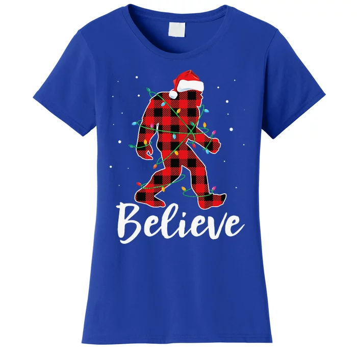 Funny Believe Plaid Bigfoot Christmas Light Sasquatch Santa Women's T-Shirt