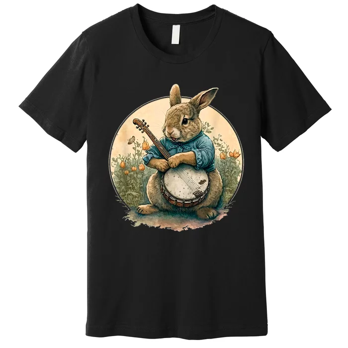 Funny Bunny Playing Banjo Guitar Music Rabbit Happy Easter Premium T-Shirt