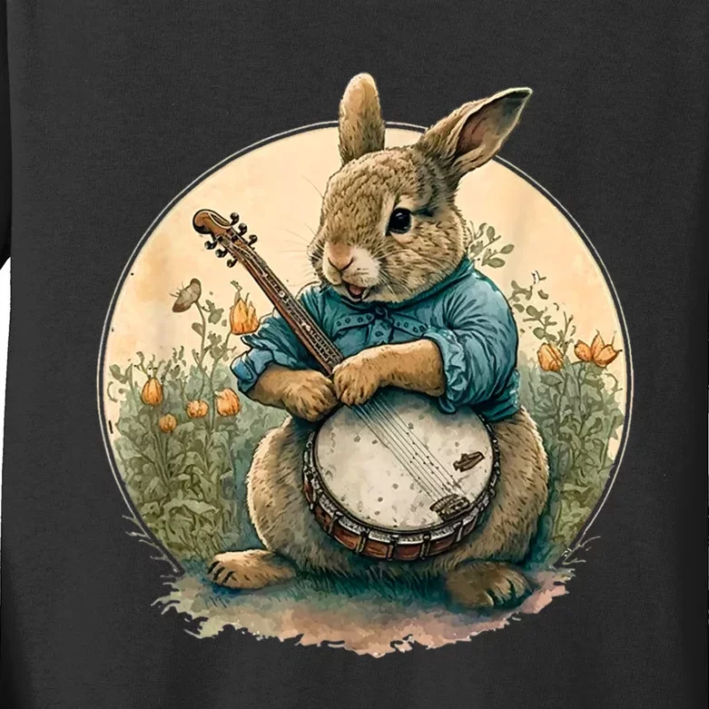 Funny Bunny Playing Banjo Guitar Music Rabbit Happy Easter Kids Long Sleeve Shirt