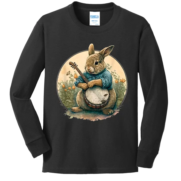 Funny Bunny Playing Banjo Guitar Music Rabbit Happy Easter Kids Long Sleeve Shirt