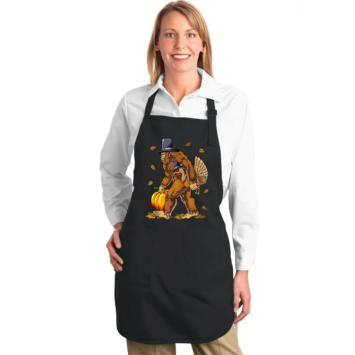 Funny Bigfoot Pilgrim Turkey Pumpkin Thanksgiving Day Full-Length Apron With Pocket