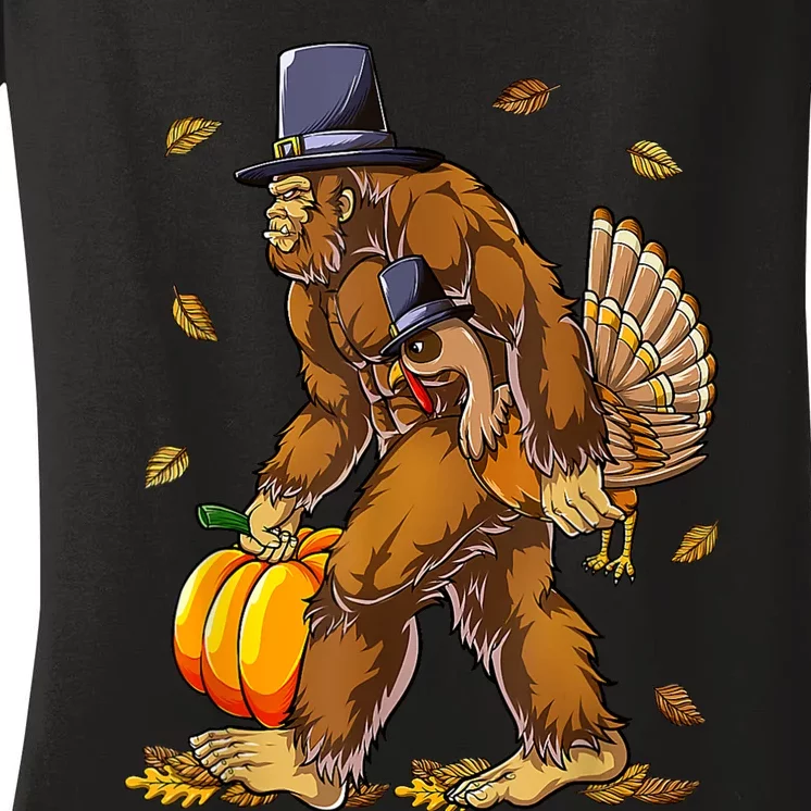 Funny Bigfoot Pilgrim Turkey Pumpkin Thanksgiving Day Women's V-Neck T-Shirt