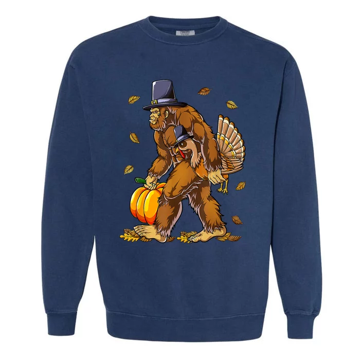 Funny Bigfoot Pilgrim Turkey Pumpkin Thanksgiving Day Garment-Dyed Sweatshirt