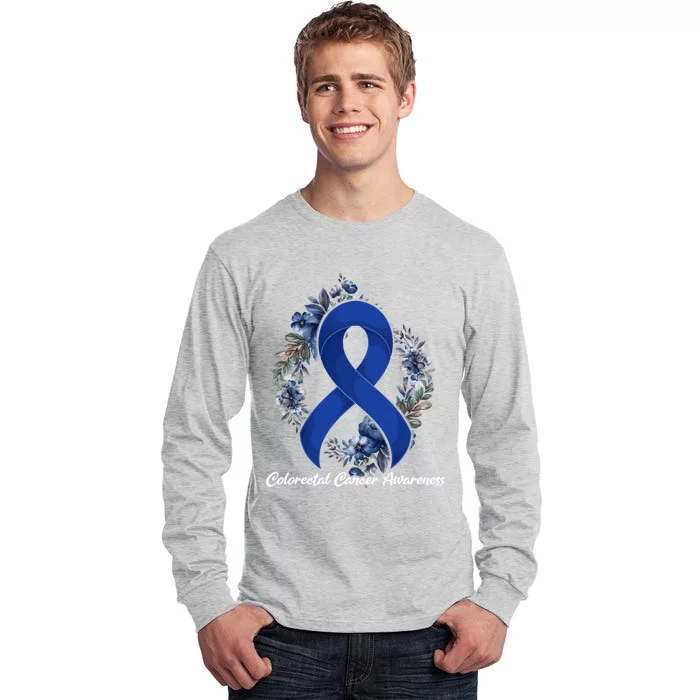 Floral Blue Ribbon Flower Colon Cancer Awareness Meaningful Gift Tall Long Sleeve T-Shirt