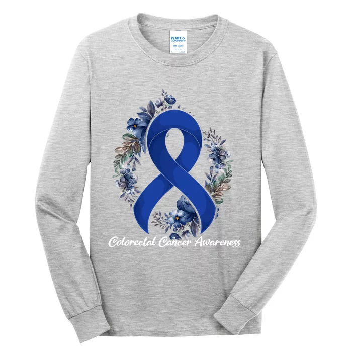 Floral Blue Ribbon Flower Colon Cancer Awareness Meaningful Gift Tall Long Sleeve T-Shirt