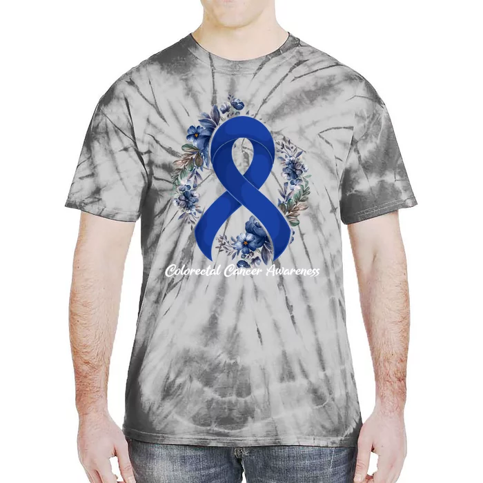 Floral Blue Ribbon Flower Colon Cancer Awareness Meaningful Gift Tie-Dye T-Shirt