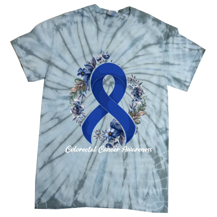 Floral Blue Ribbon Flower Colon Cancer Awareness Meaningful Gift Tie-Dye T-Shirt