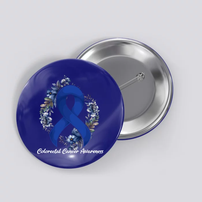 Floral Blue Ribbon Flower Colon Cancer Awareness Gift Button