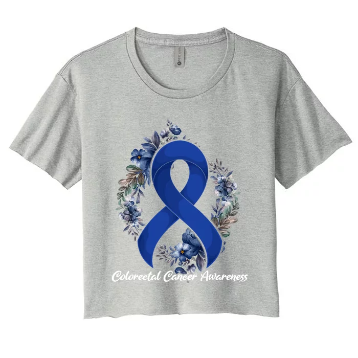 Floral Blue Ribbon Flower Colon Cancer Awareness Gift Women's Crop Top Tee