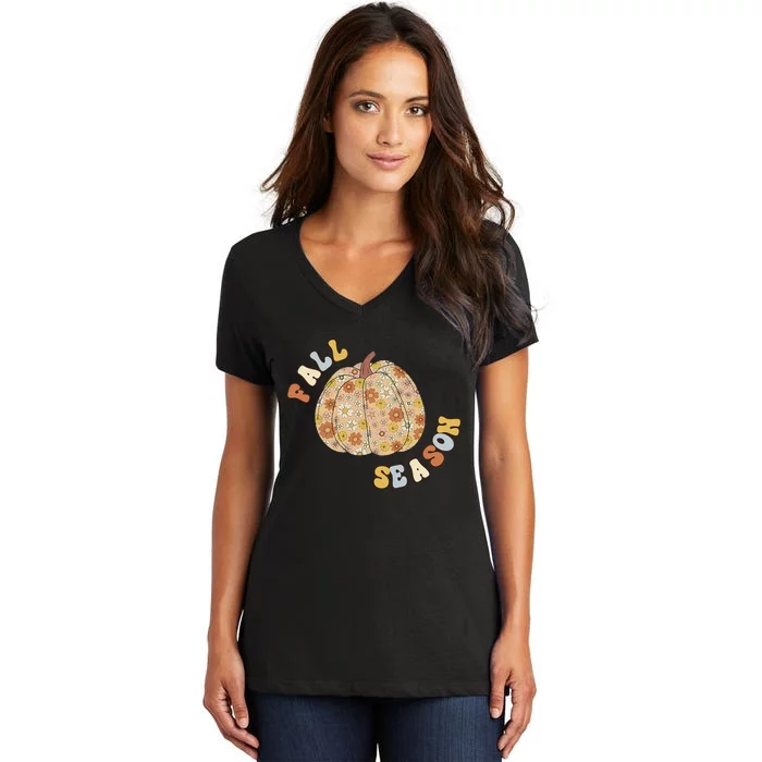 Fall Babe Retro Groovy Smile Face Autumn Leave Leopard Fall Women's V-Neck T-Shirt