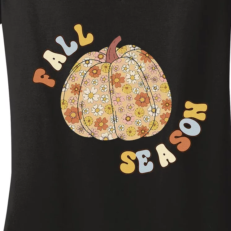 Fall Babe Retro Groovy Smile Face Autumn Leave Leopard Fall Women's V-Neck T-Shirt