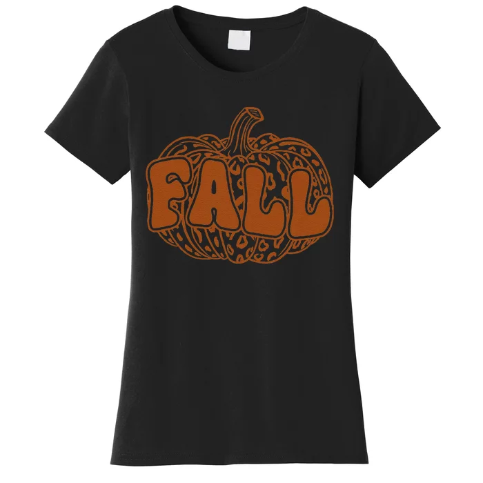 Fall Babe Retro Groovy Smile Face Autumn Leave Leopard Fall Women's T-Shirt