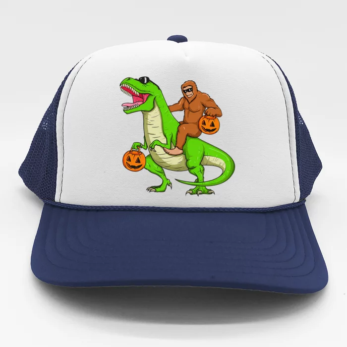 Funny Bigfoot Riding T Rex Dinosaur Halloween Trick Or Treat Trucker Hat