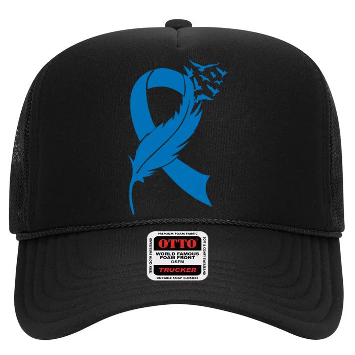 Feather Blue Ribbon Colon Cancer High Crown Mesh Trucker Hat