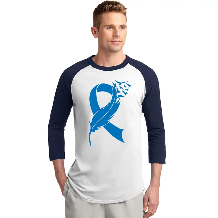 Feather Blue Ribbon Colon Cancer Baseball Sleeve Shirt