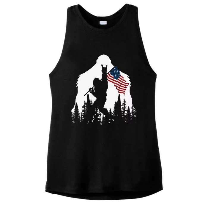 Funny Bigfoot Rock On Hold American Flag Sasquatch Believers Ladies Tri-Blend Wicking Tank