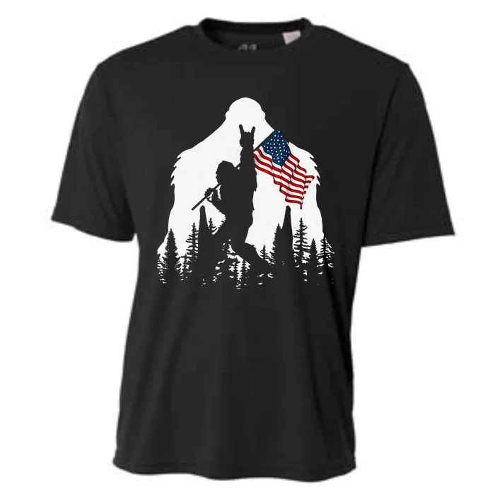 Funny Bigfoot Rock On Hold American Flag Sasquatch Believers Cooling Performance Crew T-Shirt