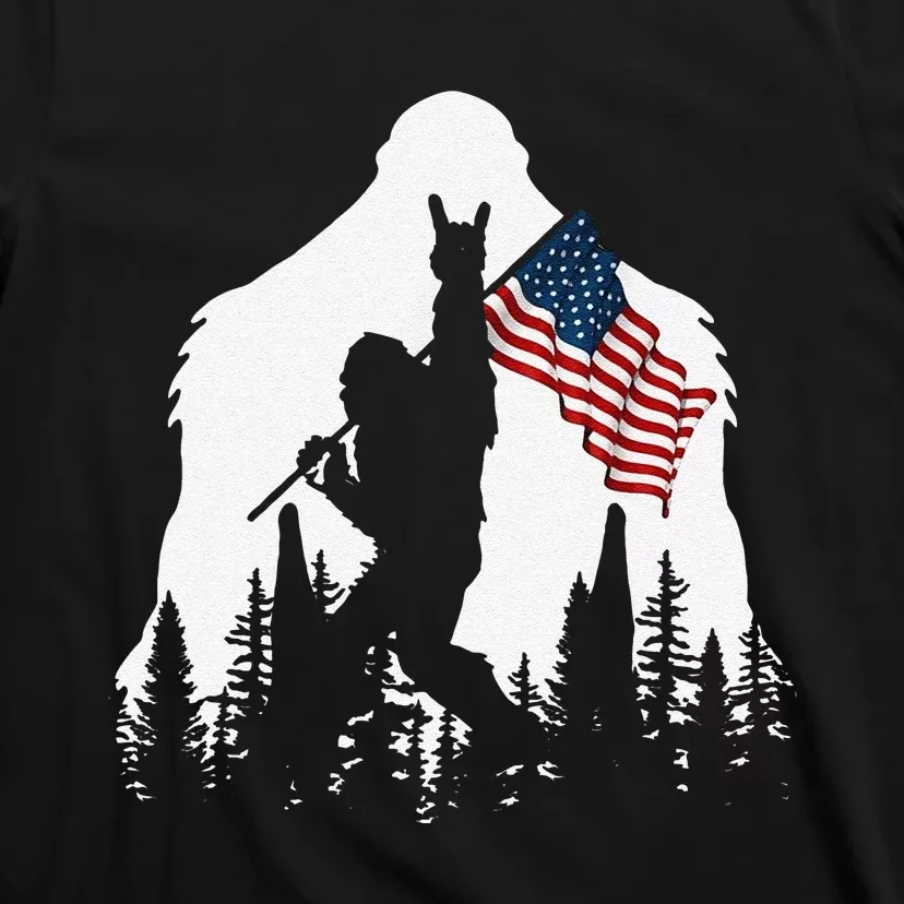 Funny Bigfoot Rock On Hold American Flag Sasquatch Believers T-Shirt