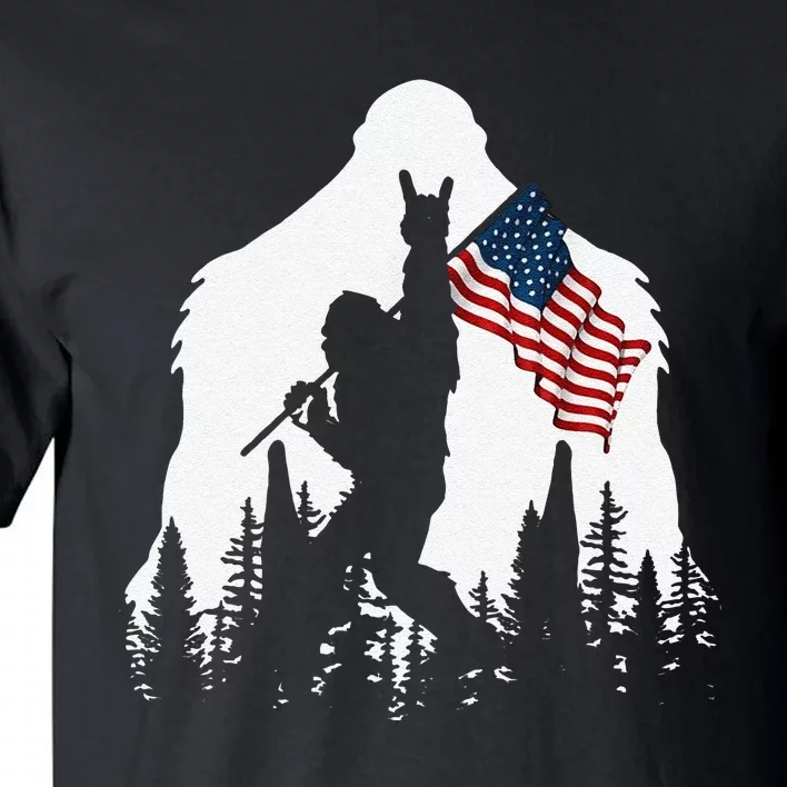 Funny Bigfoot Rock On Hold American Flag Sasquatch Believers Tall T-Shirt