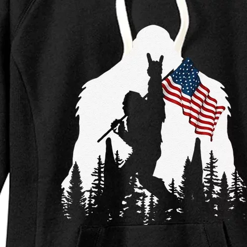 Funny Bigfoot Rock On Hold American Flag Sasquatch Believers Women's Fleece Hoodie