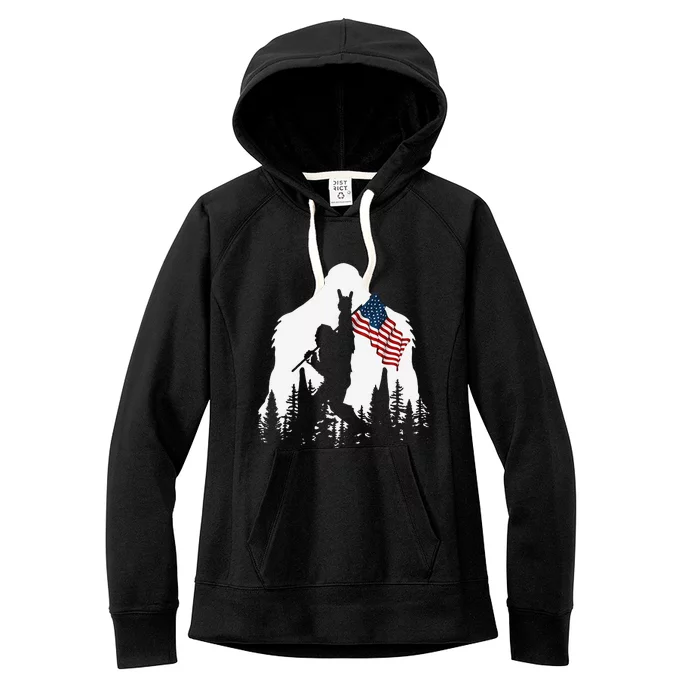 Funny Bigfoot Rock On Hold American Flag Sasquatch Believers Women's Fleece Hoodie