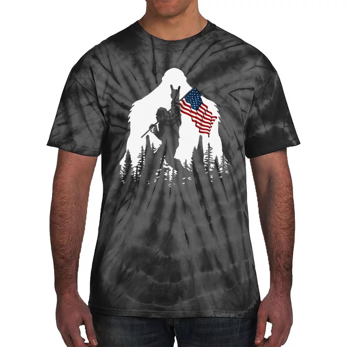 Funny Bigfoot Rock On Hold American Flag Sasquatch Believers Tie-Dye T-Shirt