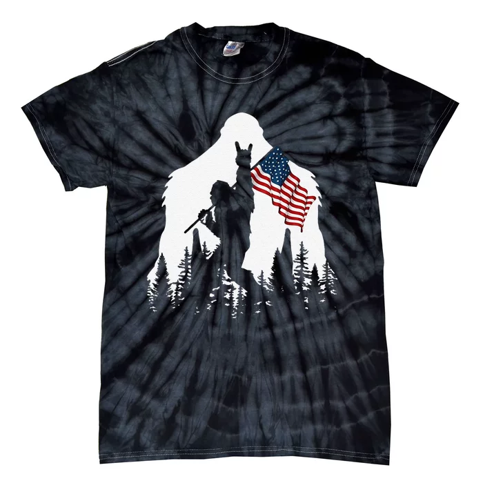 Funny Bigfoot Rock On Hold American Flag Sasquatch Believers Tie-Dye T-Shirt