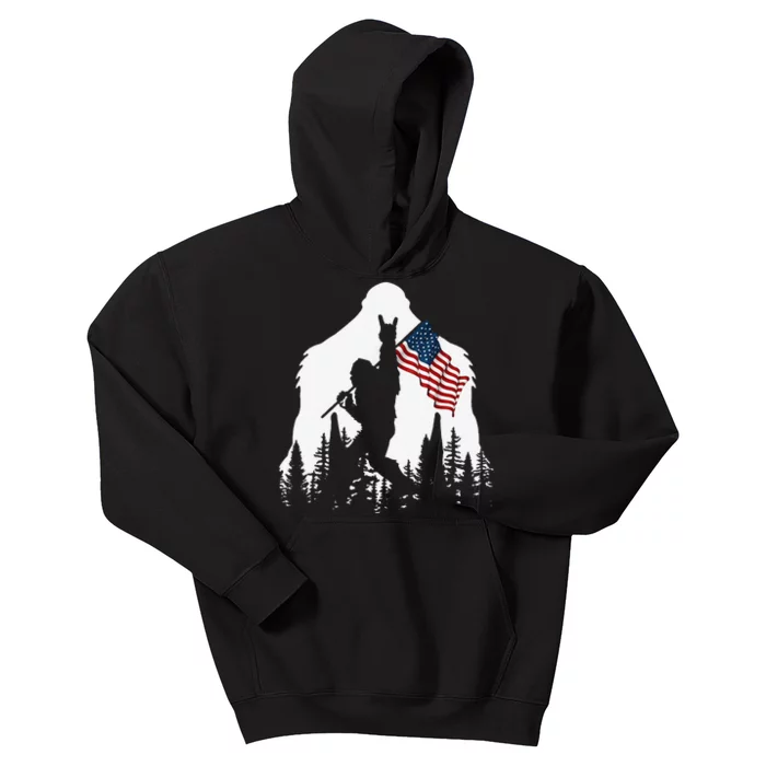 Funny Bigfoot Rock On Hold American Flag Sasquatch Believers Kids Hoodie