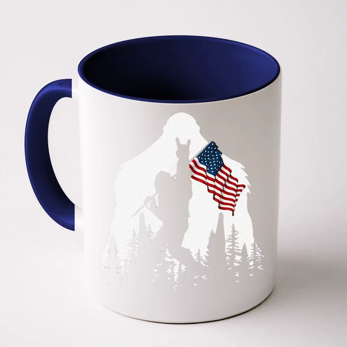 Funny Bigfoot Rock On Hold American Flag Sasquatch Believers Front & Back Coffee Mug