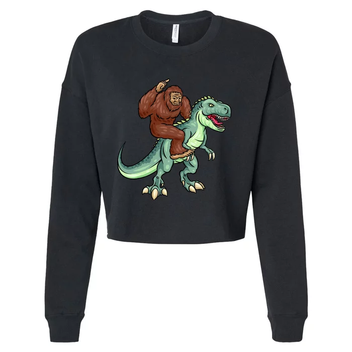 Funny Bigfoot Riding T Rex Funny Bigfoot Dinosaur Cropped Pullover Crew