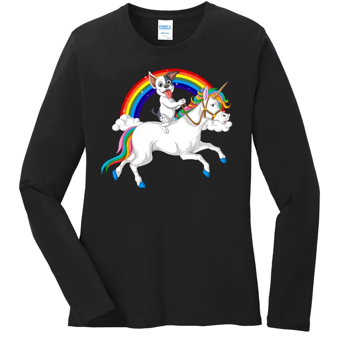 French Bulldog Riding Unicorn Ladies Long Sleeve Shirt