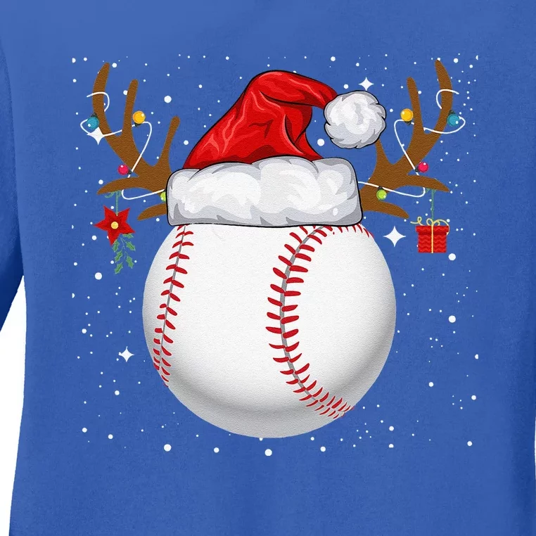 Funny Baseball Reindeer Santa Hat Christmas Holiday Gifts Ladies Long Sleeve Shirt