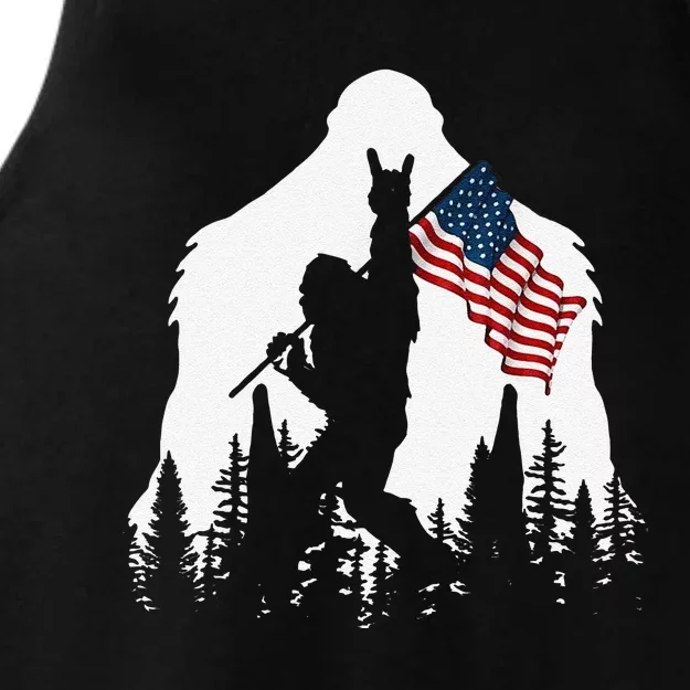 Funny Bigfoot Rock On Hold American Flag Sasquatch Believers Ladies Tri-Blend Wicking Tank