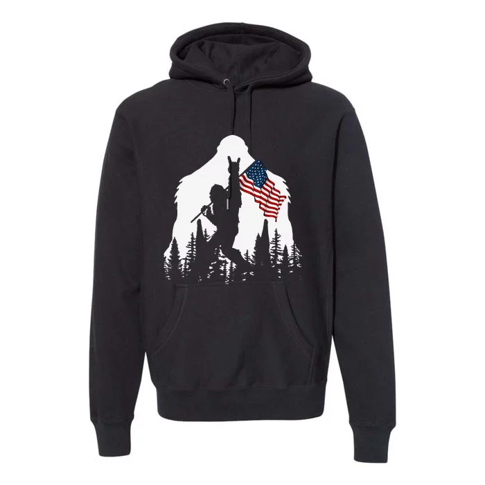 Funny Bigfoot Rock On Hold American Flag Sasquatch Believers Premium Hoodie