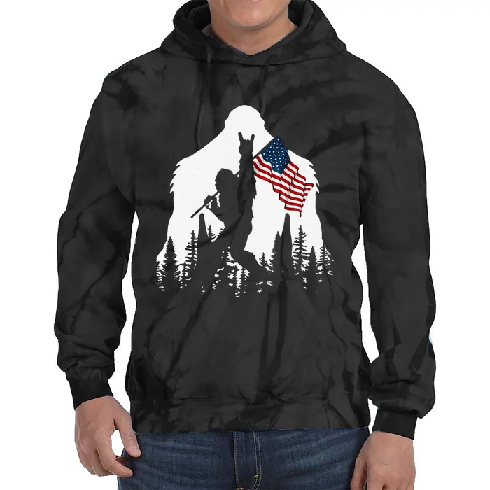 Funny Bigfoot Rock On Hold American Flag Sasquatch Believers Tie Dye Hoodie