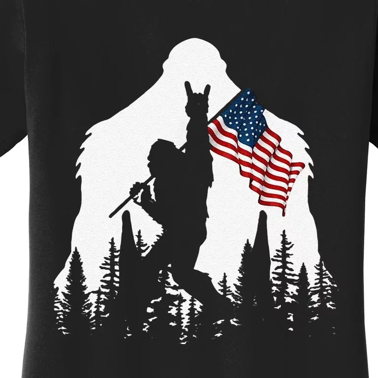 Funny Bigfoot Rock On Hold American Flag Sasquatch Believers Women's T-Shirt