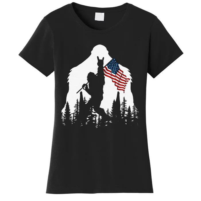 Funny Bigfoot Rock On Hold American Flag Sasquatch Believers Women's T-Shirt