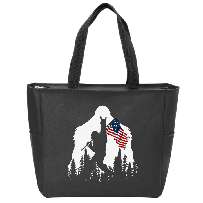 Funny Bigfoot Rock On Hold American Flag Sasquatch Believers Zip Tote Bag