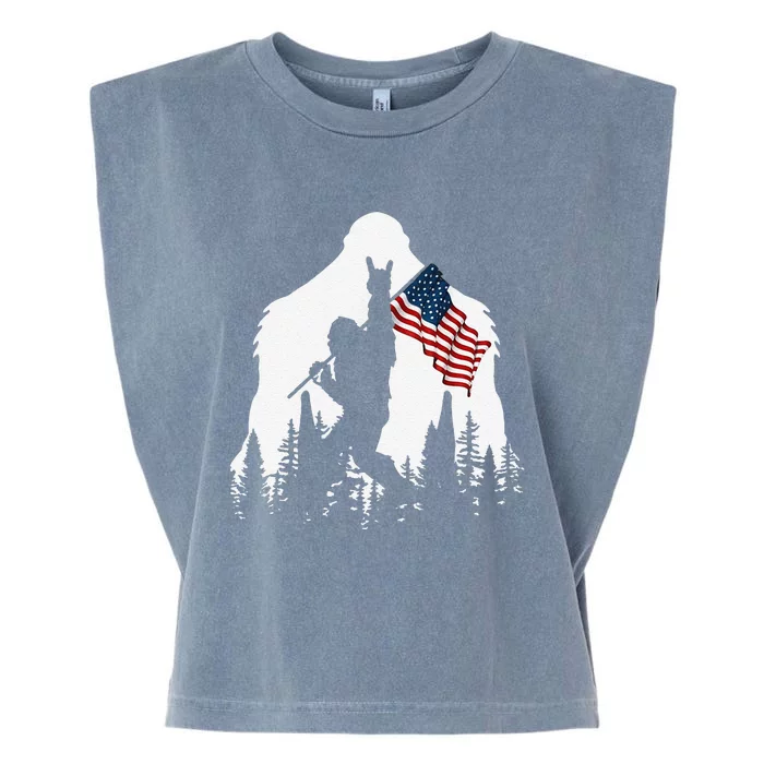 Funny Bigfoot Rock On Hold American Flag Sasquatch Believers Garment-Dyed Women's Muscle Tee