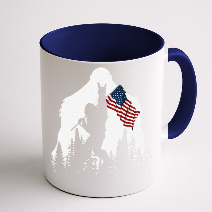 Funny Bigfoot Rock On Hold American Flag Sasquatch Believers Front & Back Coffee Mug