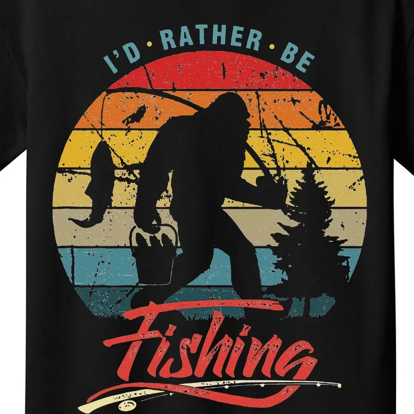 Funny Bigfoot Sasquatch Id Rather Be Fishing Kids T-Shirt