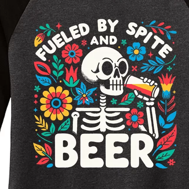 Fueled By Spite And Beer Halloween Skeleton Floral Women's Tri-Blend 3/4-Sleeve Raglan Shirt