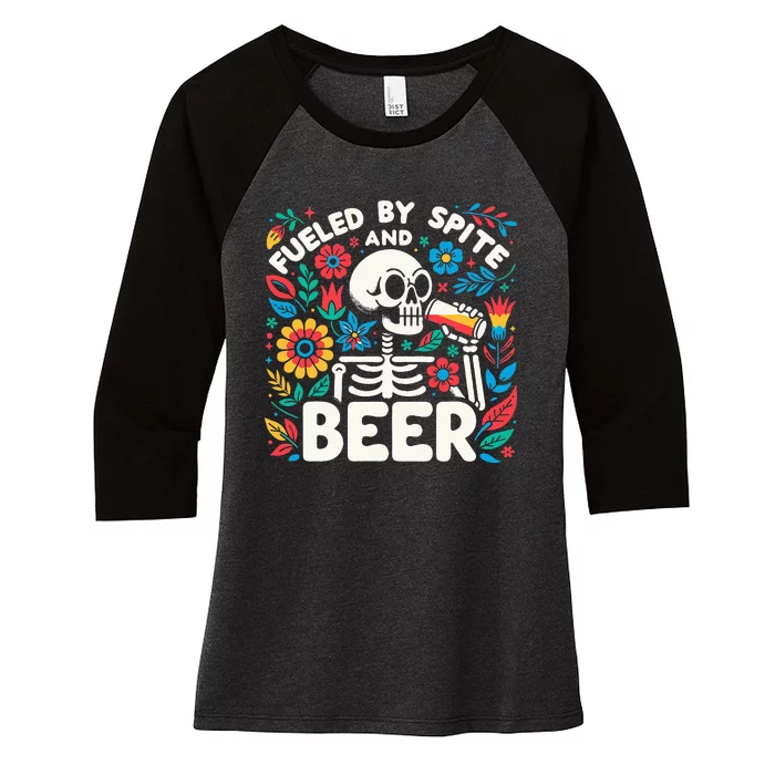 Fueled By Spite And Beer Halloween Skeleton Floral Women's Tri-Blend 3/4-Sleeve Raglan Shirt