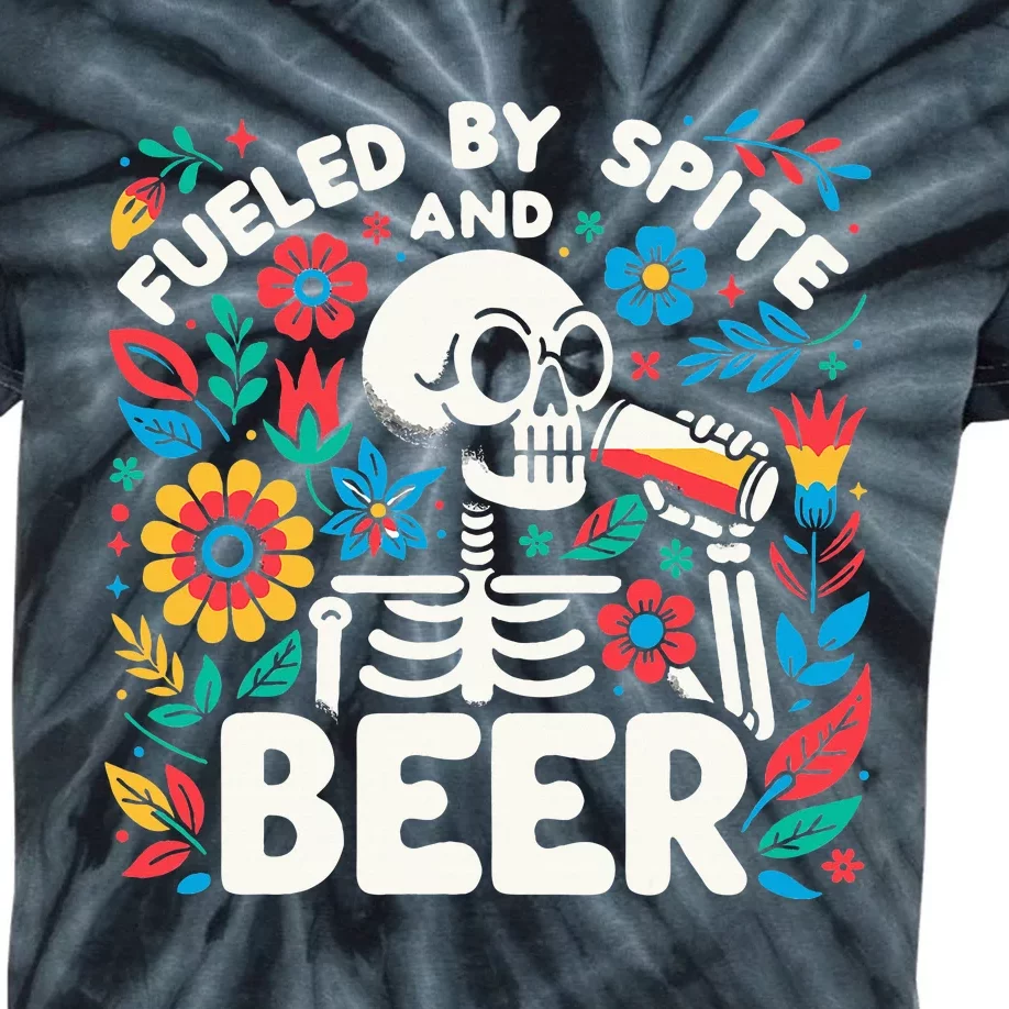 Fueled By Spite And Beer Halloween Skeleton Floral Kids Tie-Dye T-Shirt