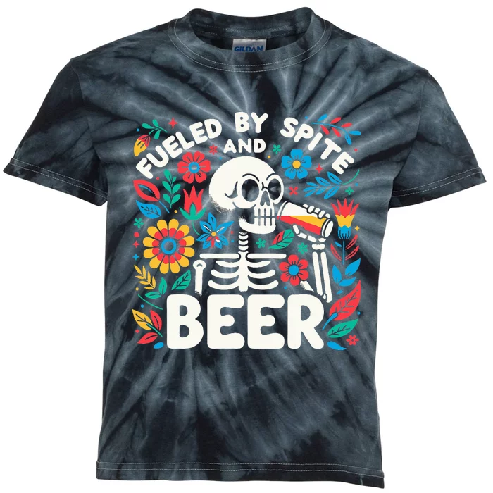 Fueled By Spite And Beer Halloween Skeleton Floral Kids Tie-Dye T-Shirt